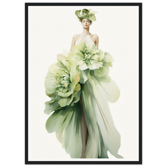 Elegant figure wearing a flowing green gown resembling giant flower petals.