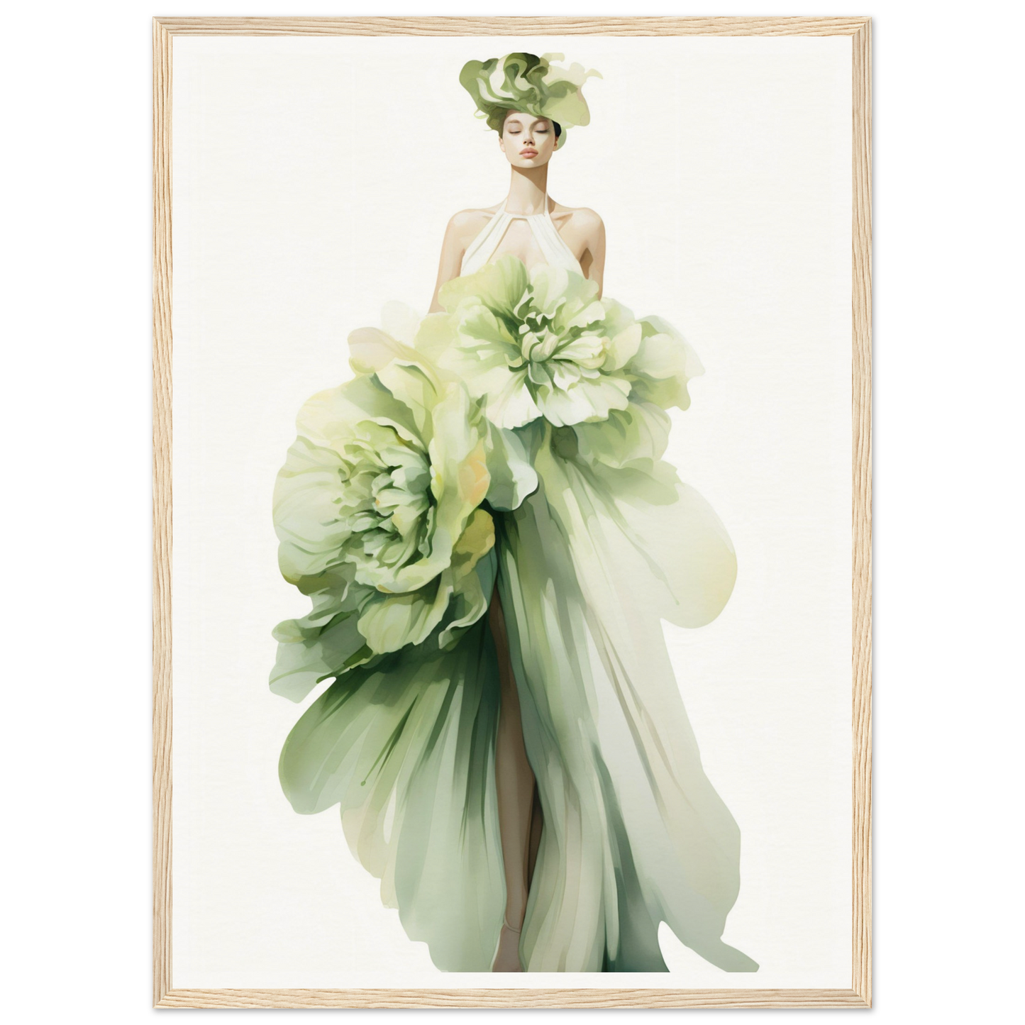 A figure wearing an elaborate green floral gown and headpiece resembling oversized flower petals.