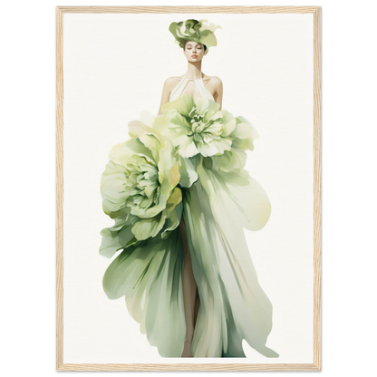 A figure wearing an elaborate green floral gown and headpiece resembling oversized flower petals.