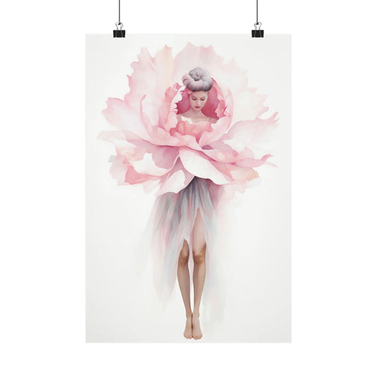 Whimsical illustration of a woman’s figure transformed into a delicate pink peony blossom.