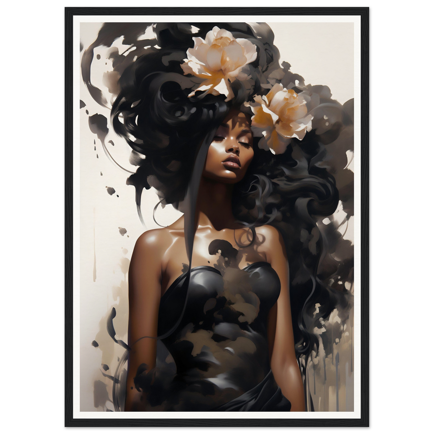 Artistic portrait featuring flowing dark hair adorned with delicate white flowers.