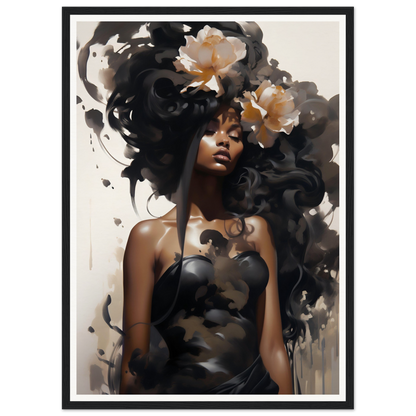 Artistic portrait featuring flowing dark hair adorned with delicate white flowers.