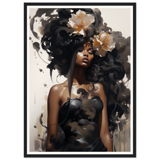 Artistic portrait featuring flowing dark hair adorned with delicate white flowers.