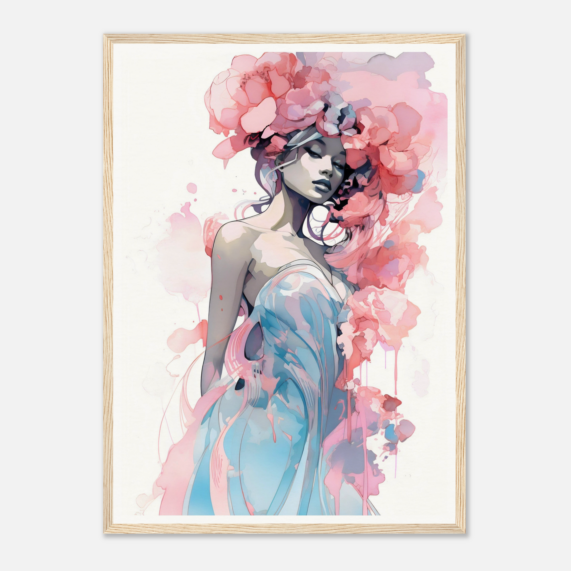 Watercolor-style painting of a feminine figure adorned with pink floral elements.