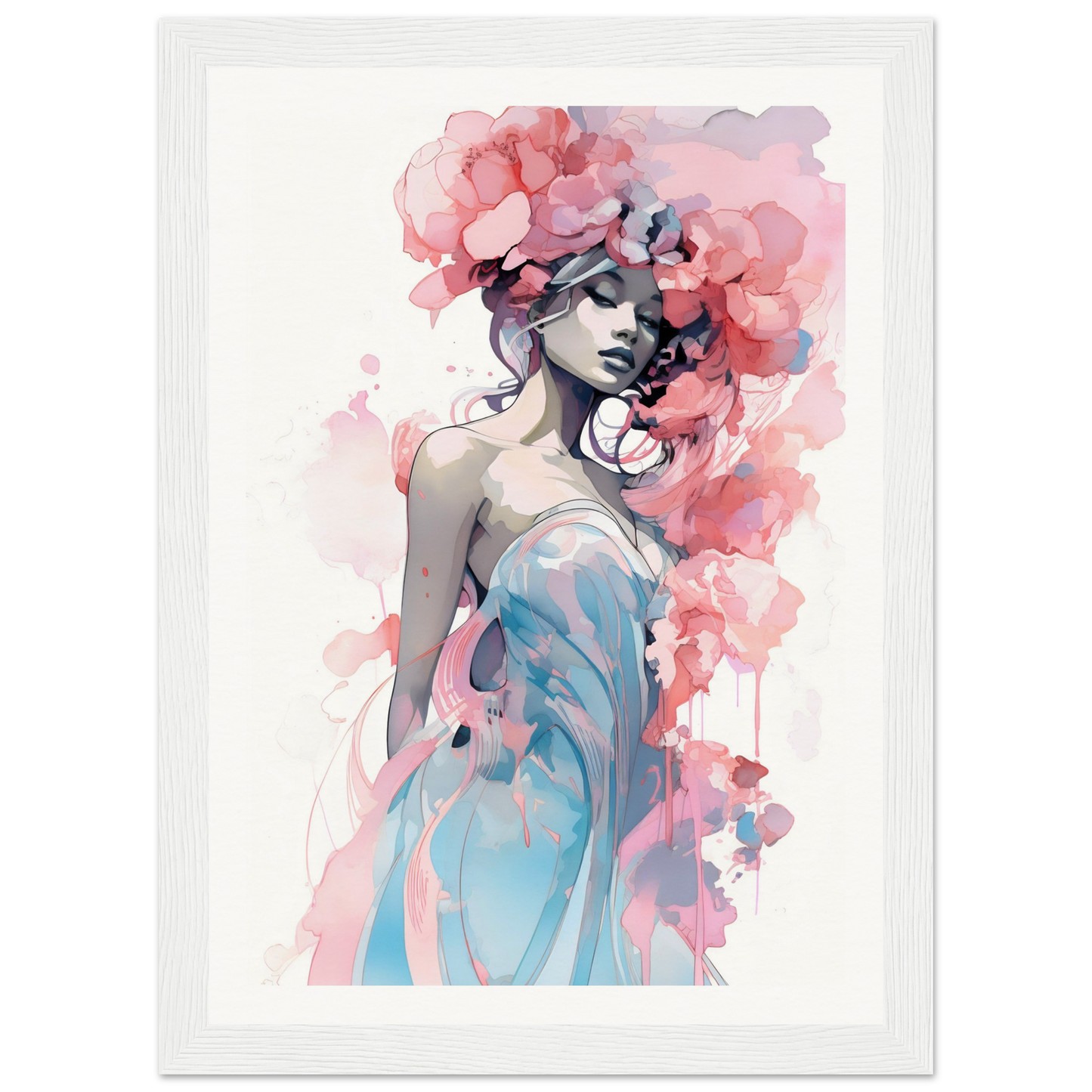 Watercolor-style painting of a woman in a blue dress with pink floral elements adorning her hair and surroundings.