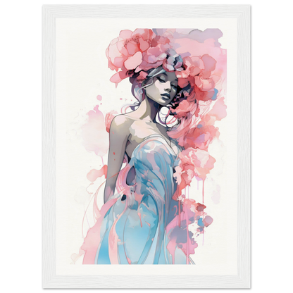 Watercolor-style painting of a woman in a blue dress with pink floral elements adorning her hair and surroundings.