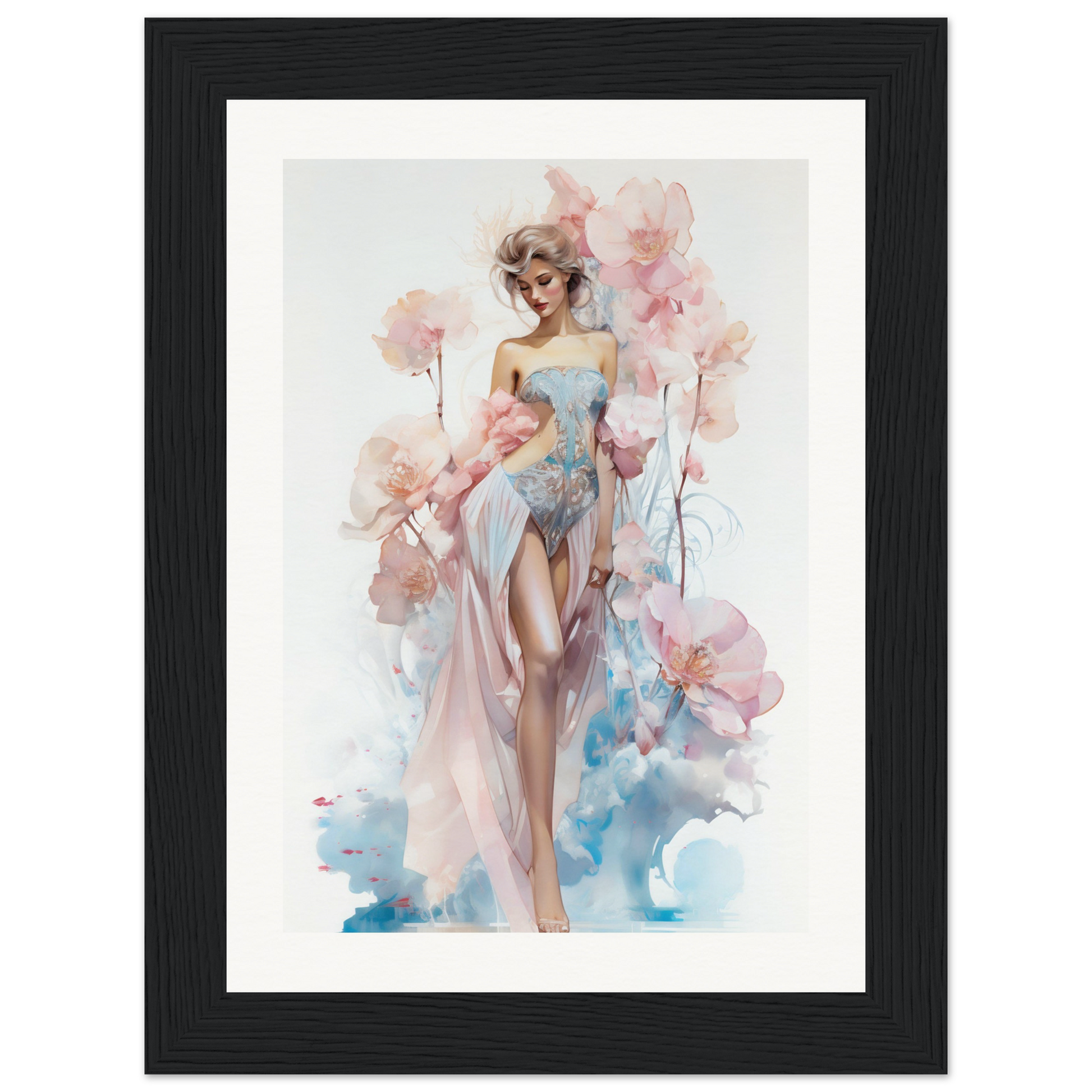 Watercolor painting of a stylized female figure surrounded by soft pink floral elements.