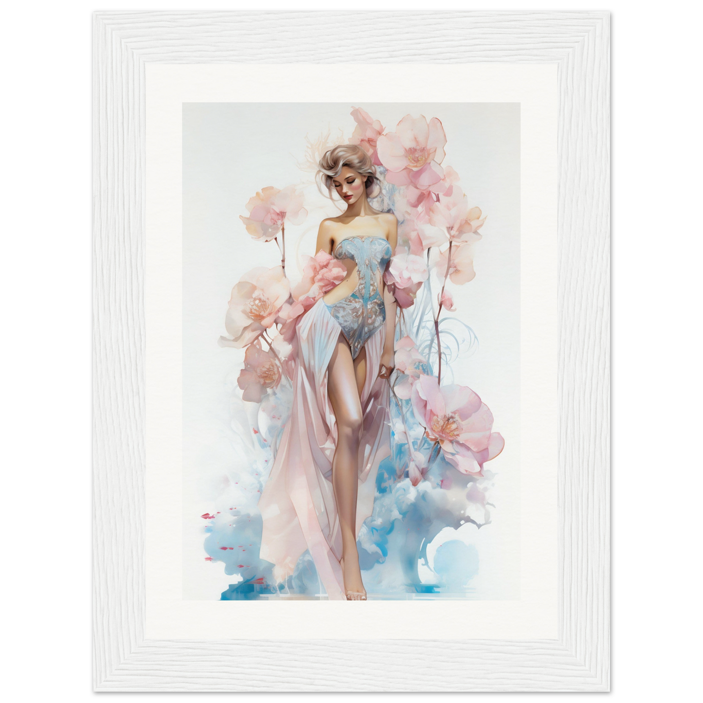 Watercolor painting of an elegant woman in a flowing dress surrounded by soft pink floral elements.