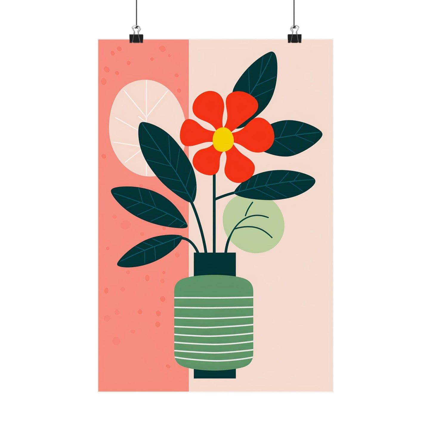 Stylized red flower with green leaves in a striped green vase.