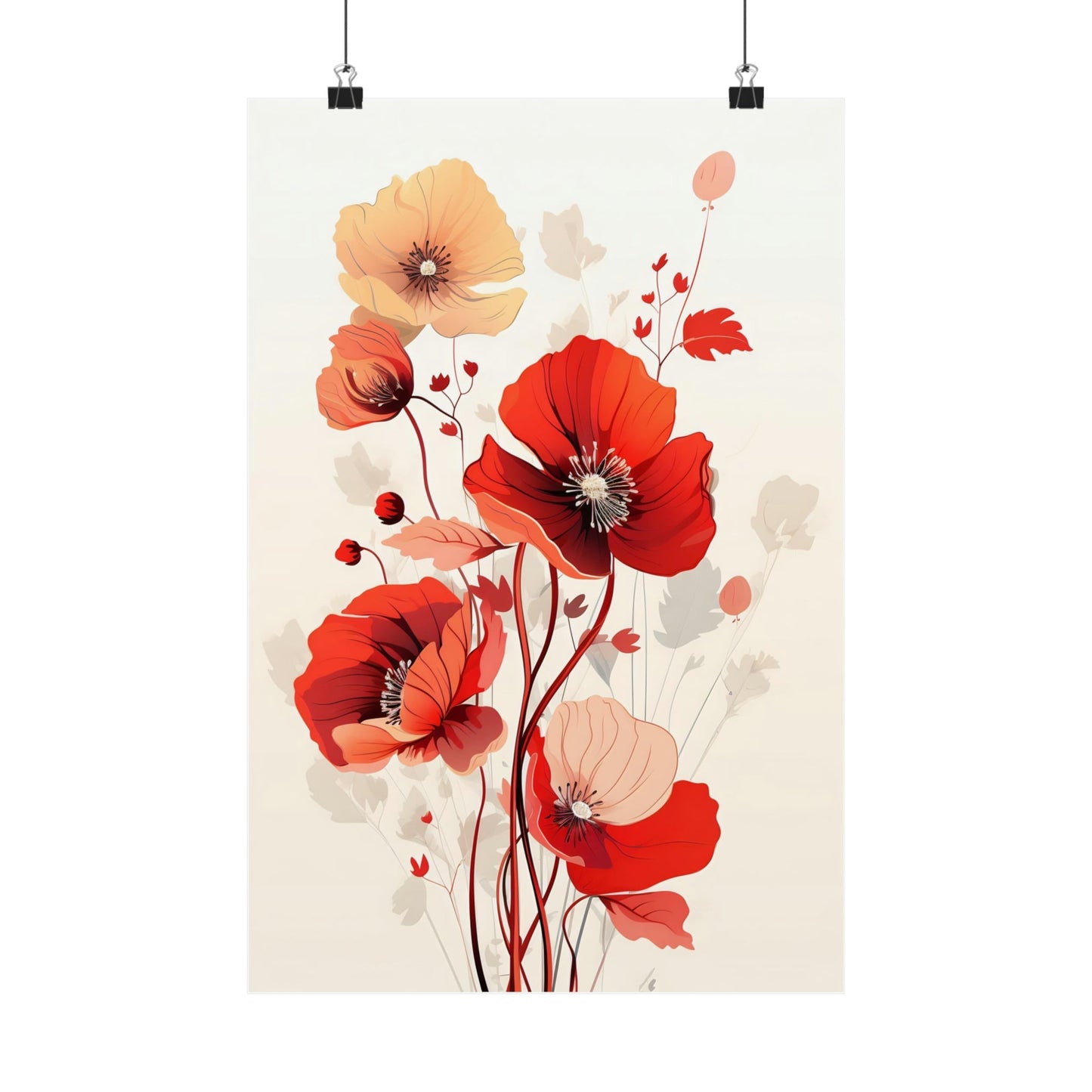 Watercolor painting of red and orange poppies with delicate stems and leaves.