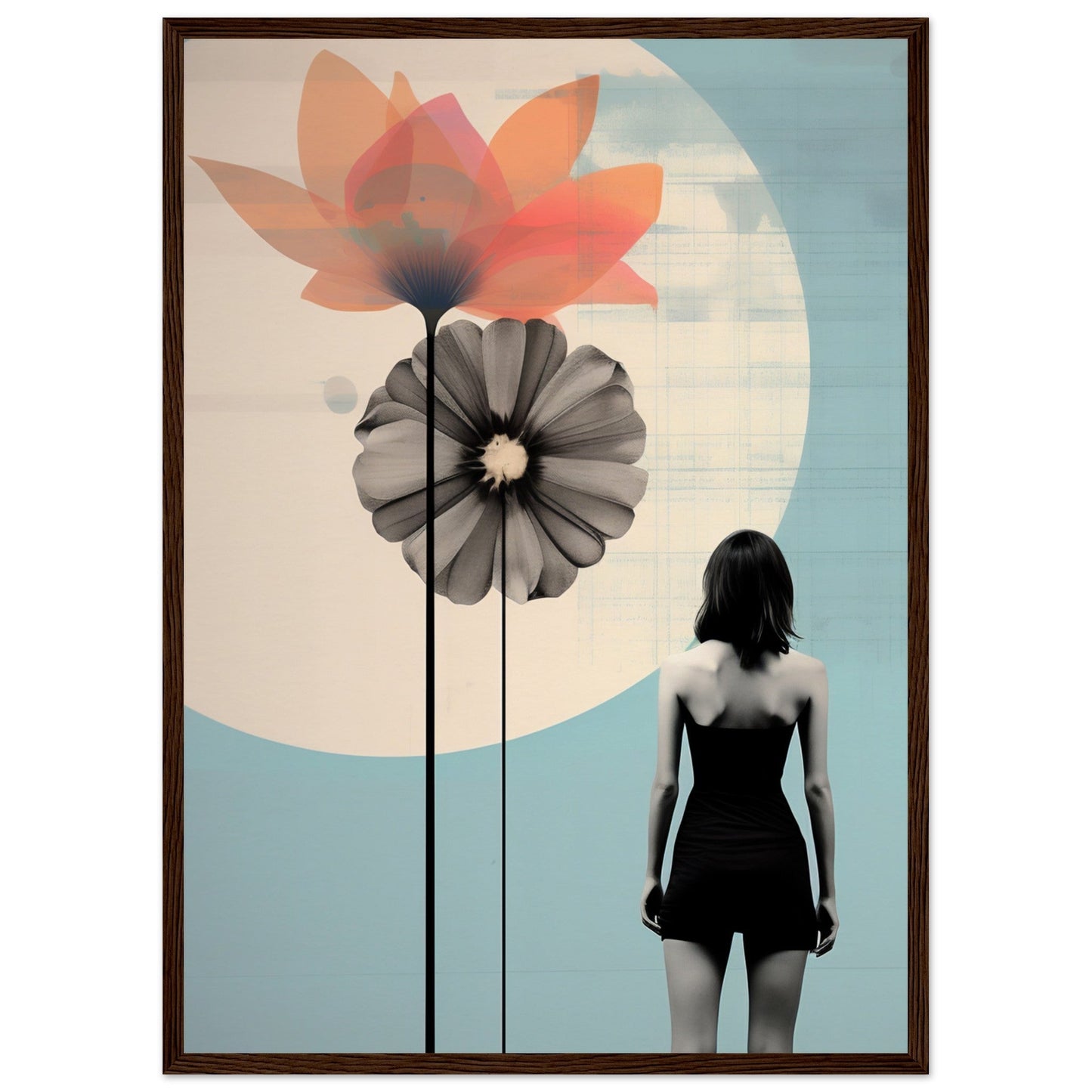 Stylized artwork featuring oversized flowers and a silhouetted figure against a pastel background.