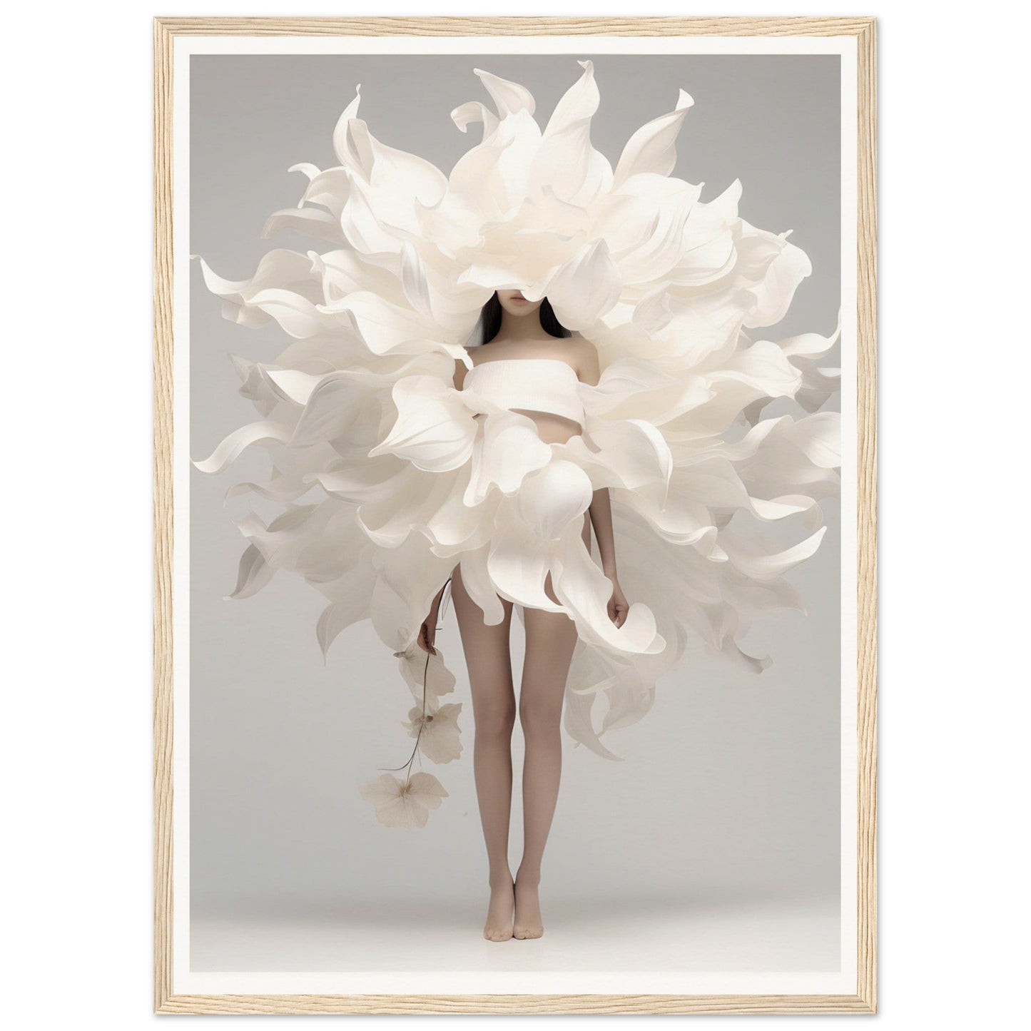 A figure enveloped in voluminous white feathers or petals, obscuring most of their body except for bare legs.