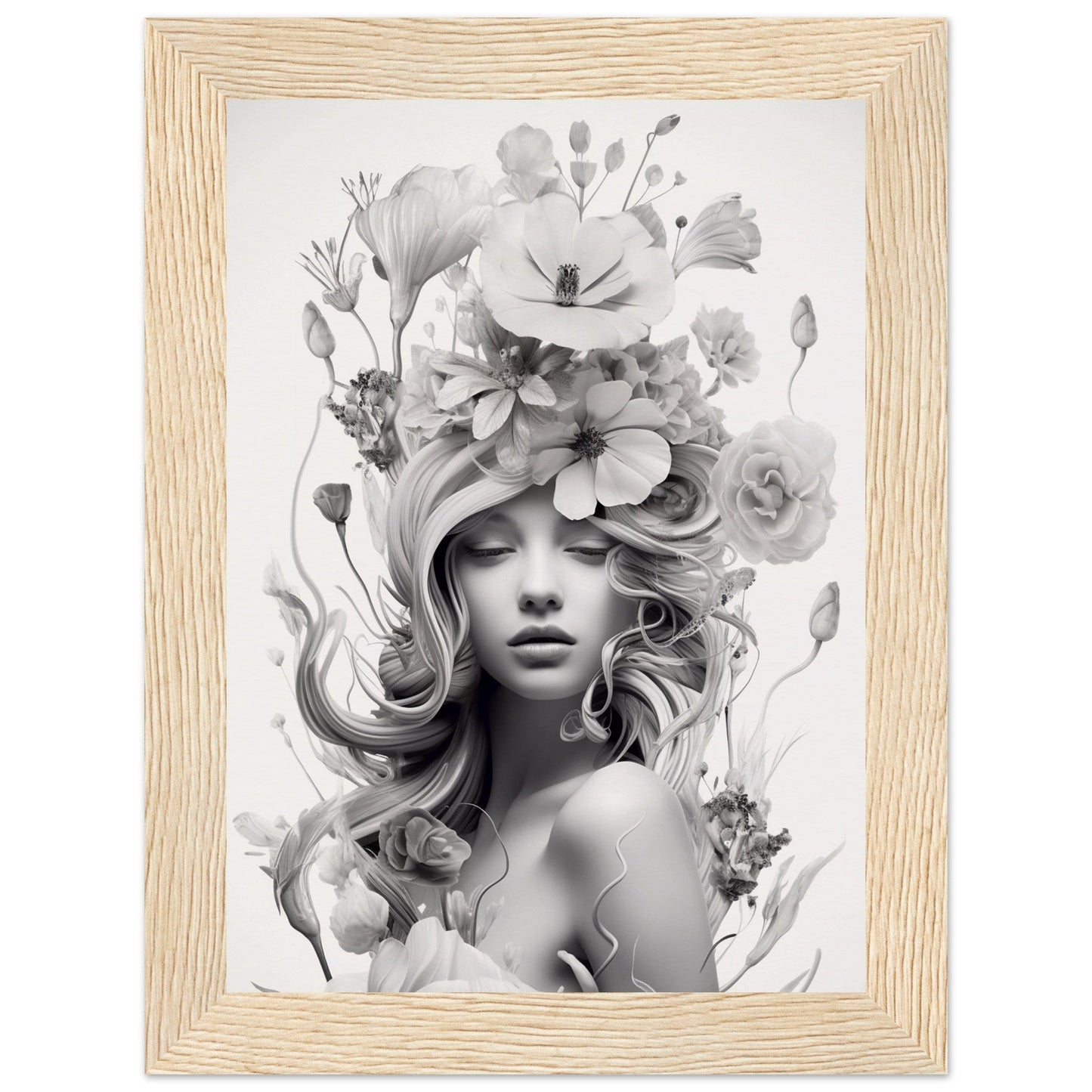 That feeling The Oracle Windows™ Collection is a high quality black and white image of a woman with flowers on her head.
