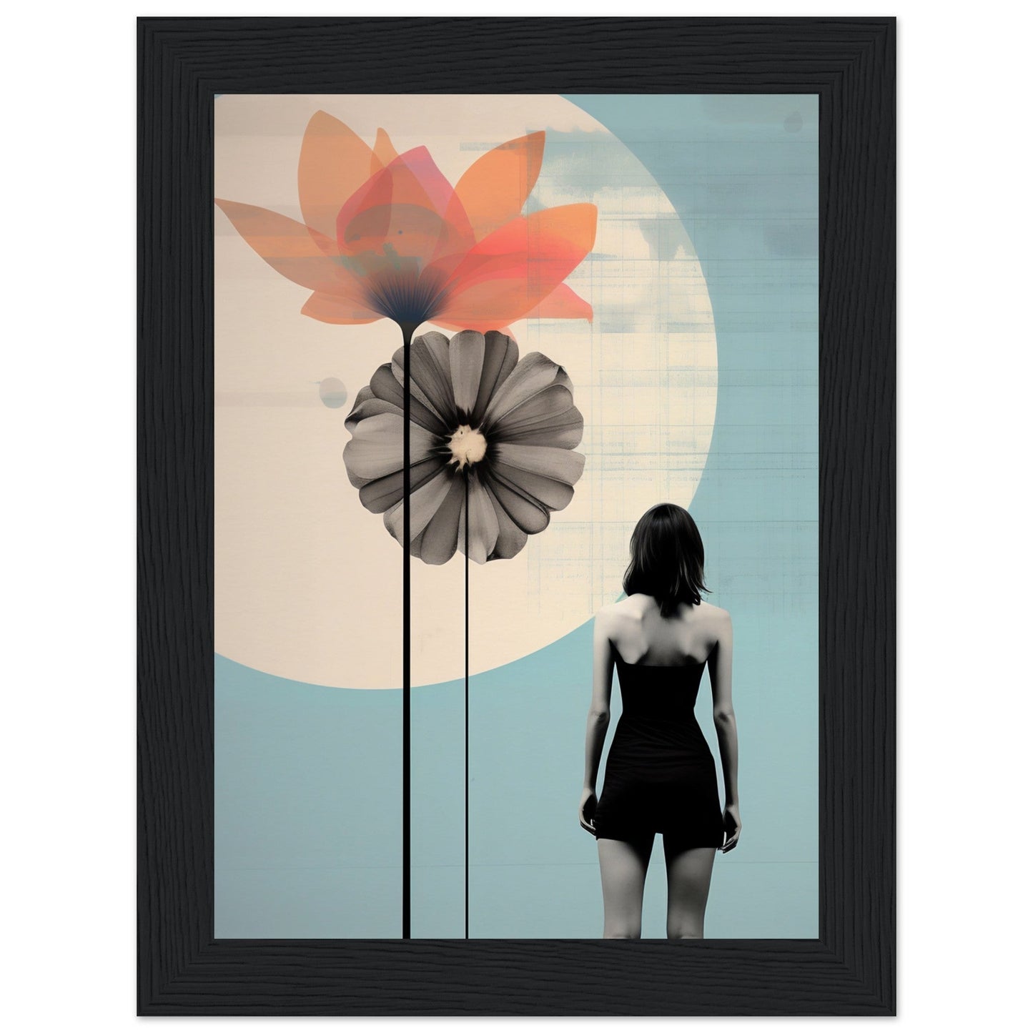 Silhouette of a woman standing in front of stylized oversized flowers and a circular shape.