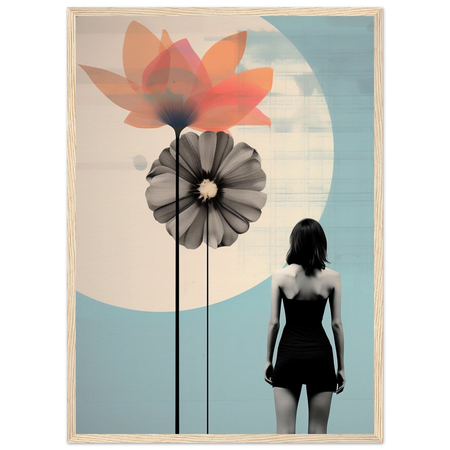 Stylized artwork featuring oversized flowers and a silhouetted female figure against a pastel background with a large moon shape.