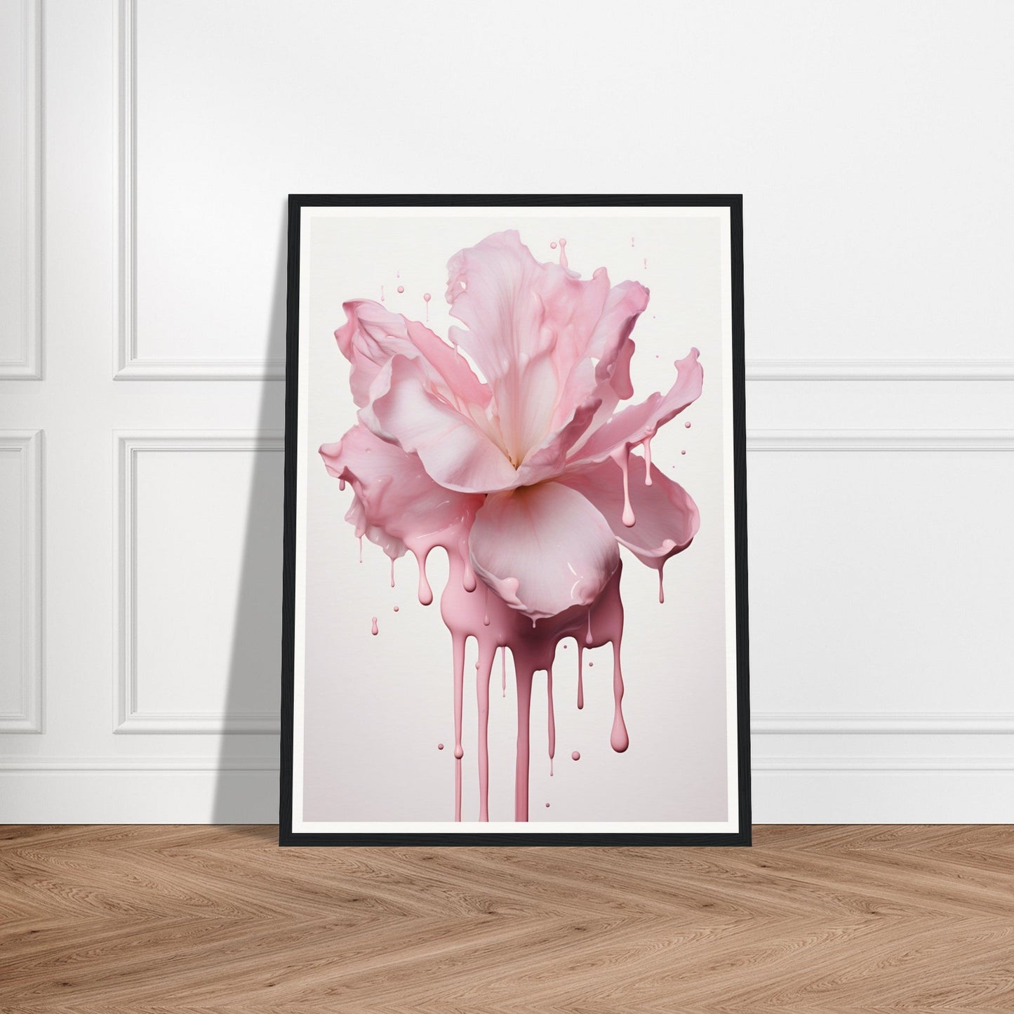 Framed watercolor painting of a pink peony flower with dripping paint effect.