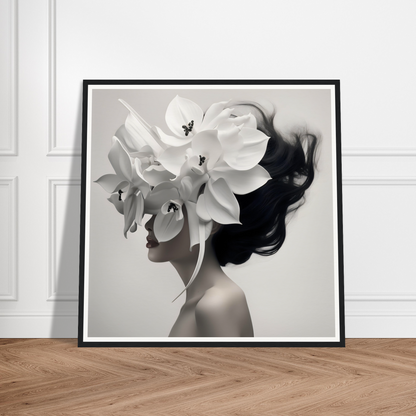 Framed black and white artwork depicting a figure with large white flowers in place of a head.