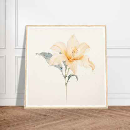 Delicate watercolor painting of a pale yellow lily flower with a green stem and leaf.