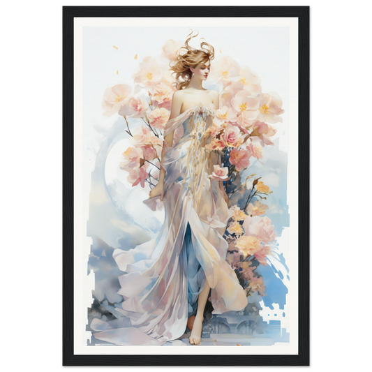 Ethereal watercolor painting of a graceful female figure surrounded by delicate floral elements.