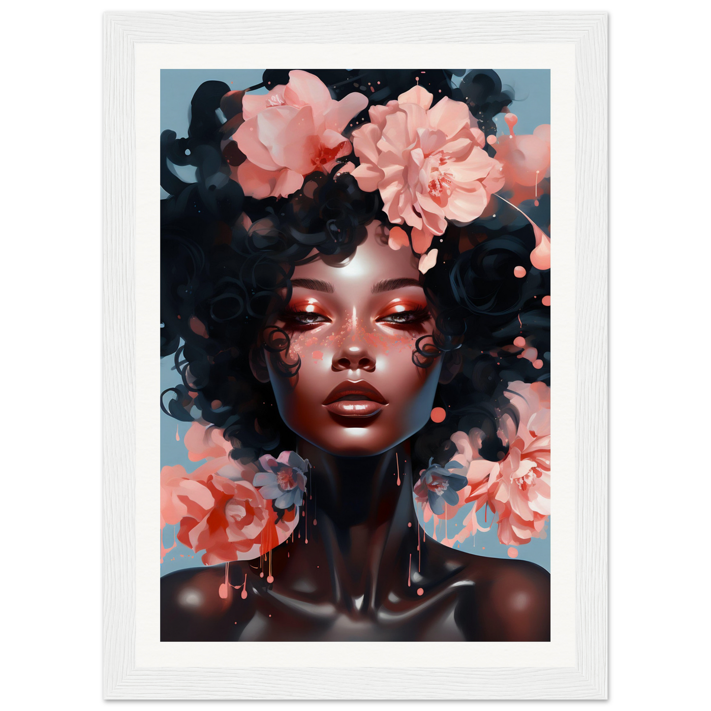 Portrait of a woman with dark skin and curly hair adorned with pink flowers.