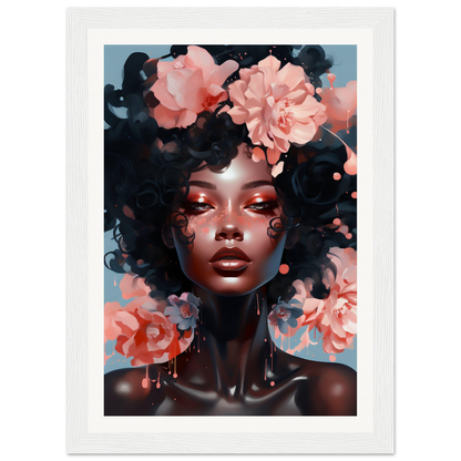 Portrait of a woman with dark skin and curly hair adorned with pink flowers.