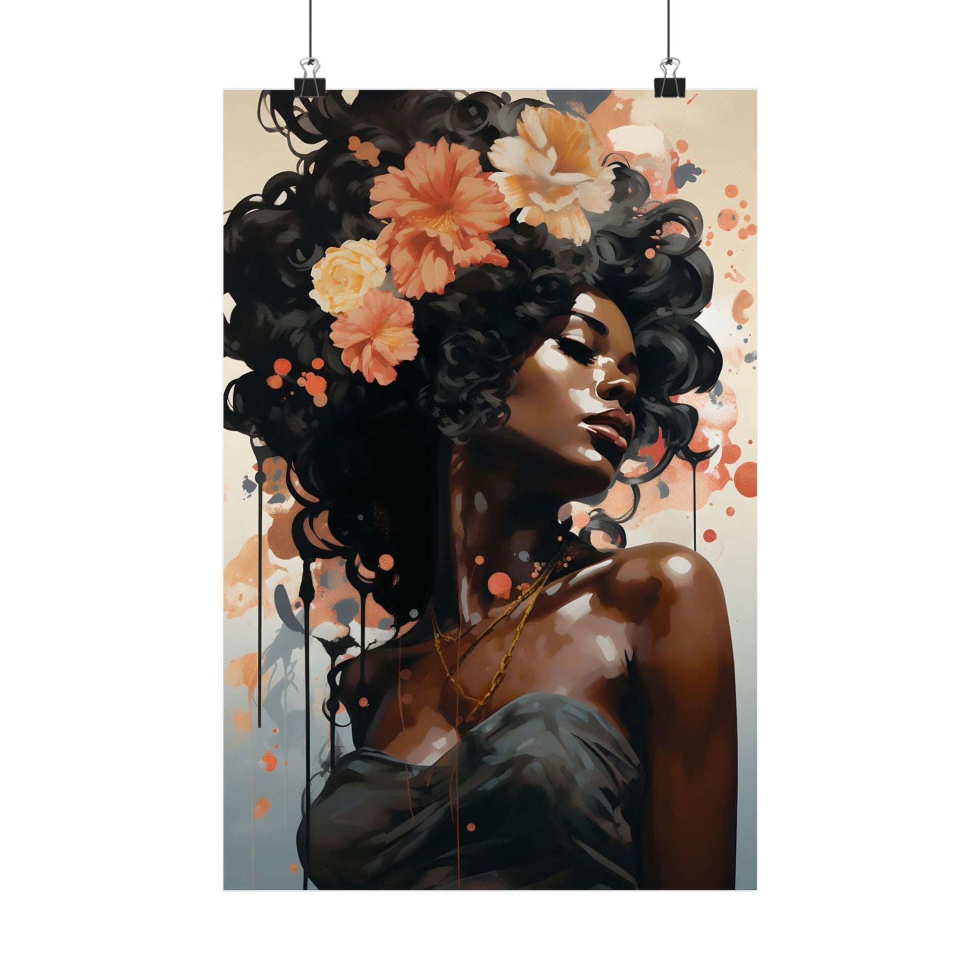 Portrait of a woman with flowers in her hair, painted in a surreal, artistic style.