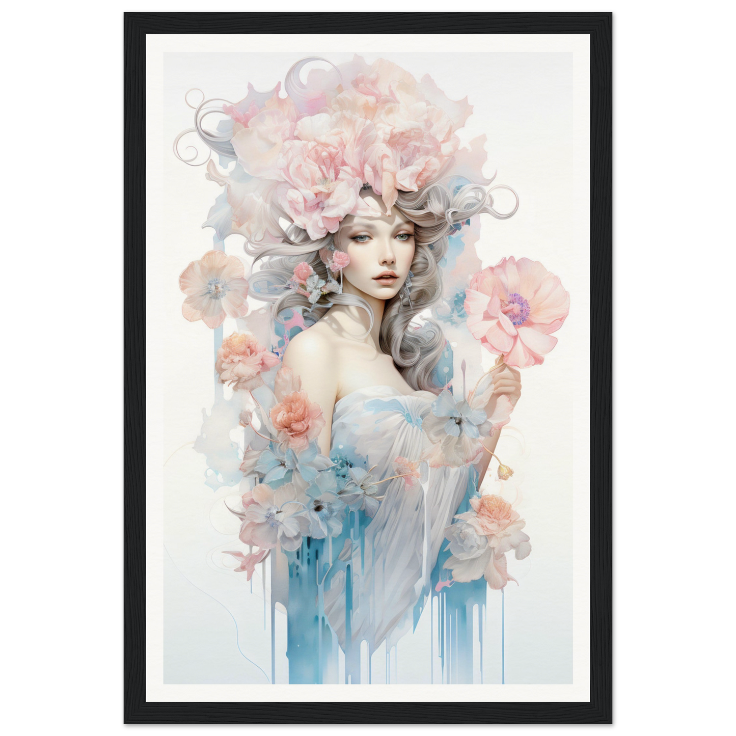 Ethereal watercolor-style portrait of a woman surrounded by delicate flowers and swirling, dreamy elements.