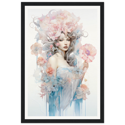 Ethereal watercolor-style portrait of a woman surrounded by delicate flowers and swirling, dreamy elements.