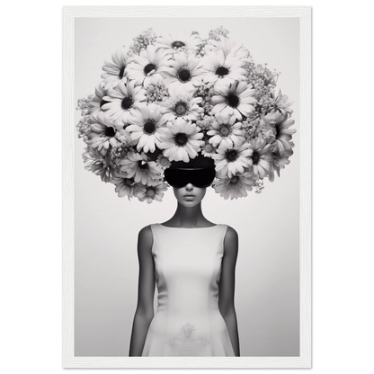 A high quality Afro Flower Power The Oracle Windows™ Collection of a woman with flowers on her head, perfect to transform your space into fashionable wall art.