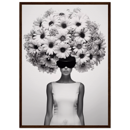 Surreal portrait of a figure with a massive floral headdress obscuring their face.