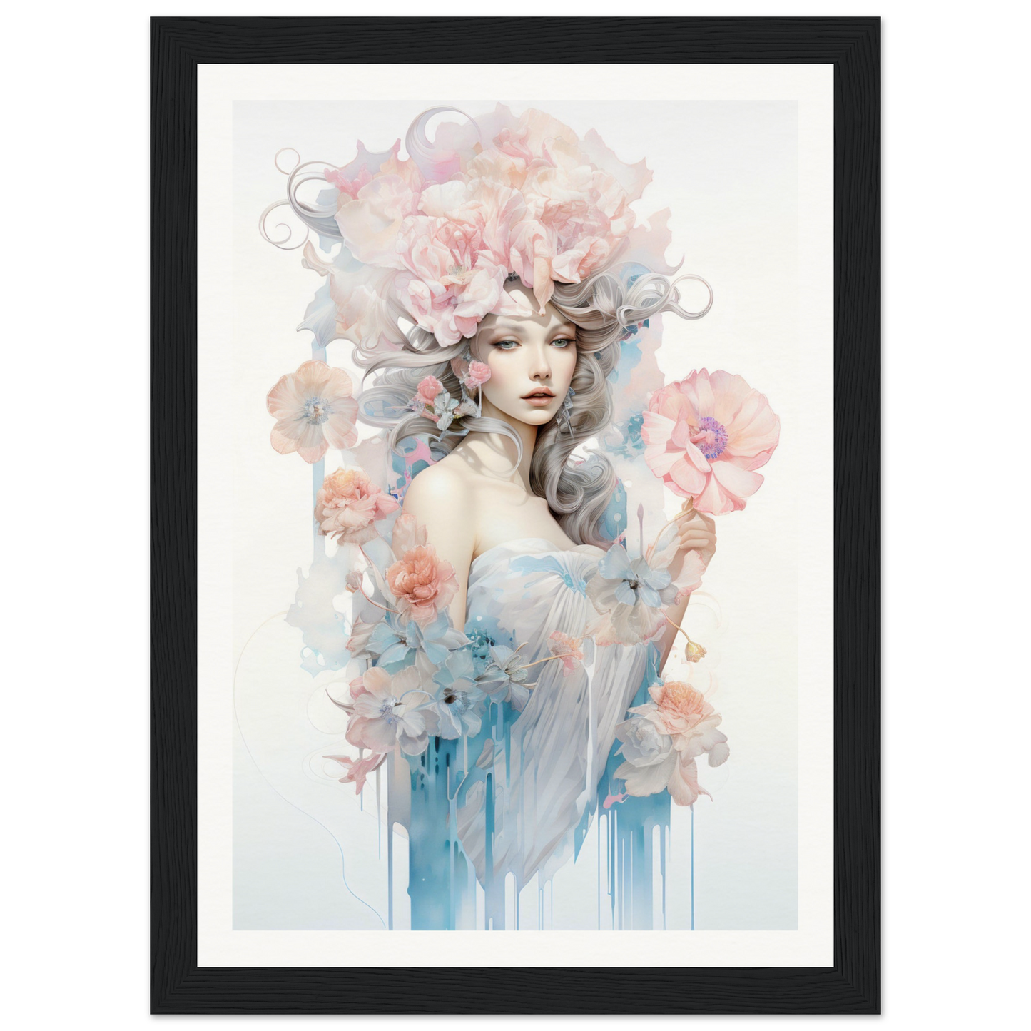 Watercolor-style painting of a woman surrounded by soft pink flowers and blue tones.