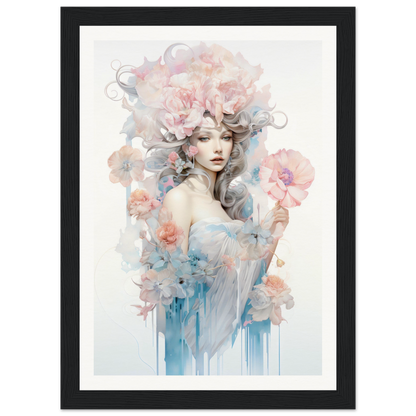 Watercolor-style painting of a woman surrounded by soft pink flowers and blue tones.