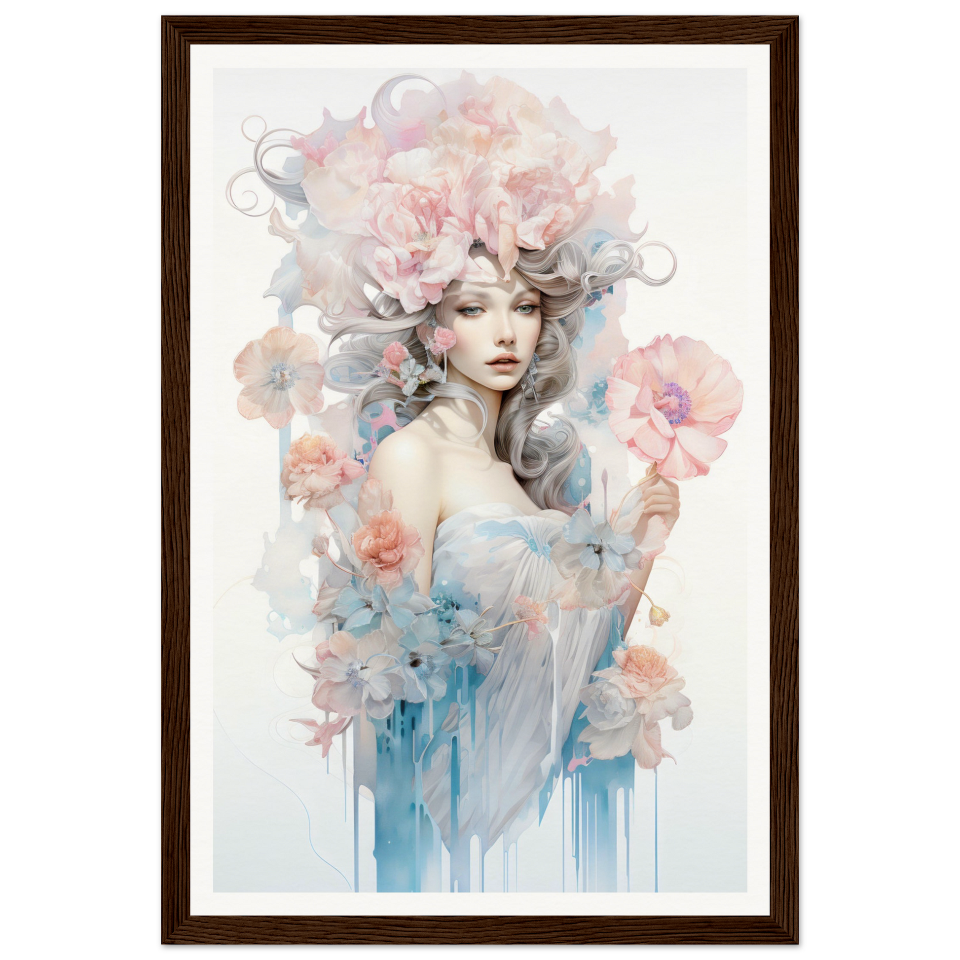 Ethereal watercolor portrait of a woman surrounded by soft floral elements and flowing colors.