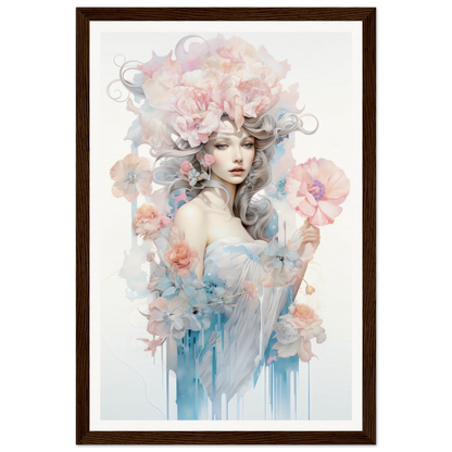 Ethereal watercolor portrait of a woman surrounded by soft floral elements and flowing colors.