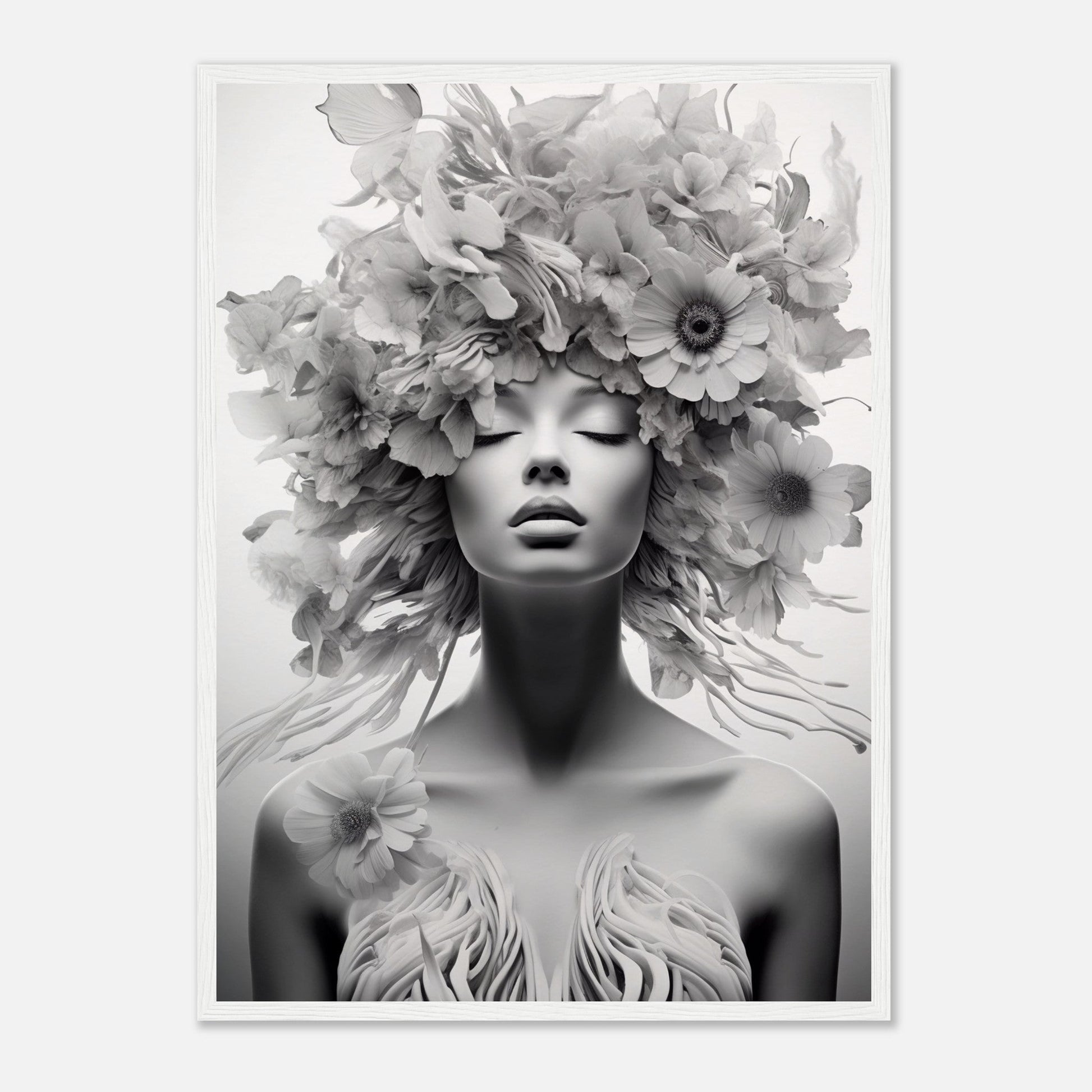 A black and white image of a woman with flowers on her head, perfect for transforming your space and available as a Thinking Of You The Oracle Windows™ Collection poster.
