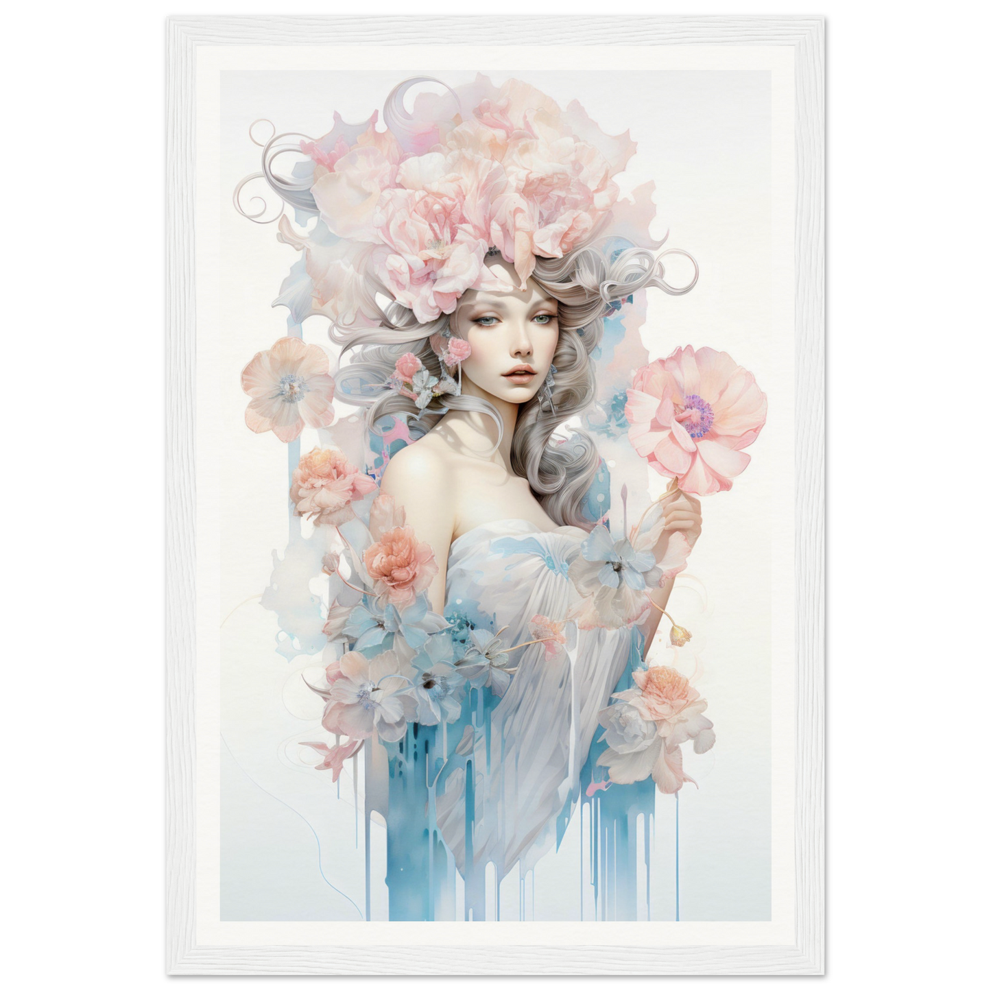 Ethereal watercolor-style portrait of a woman surrounded by delicate flowers and swirling pastel hues.