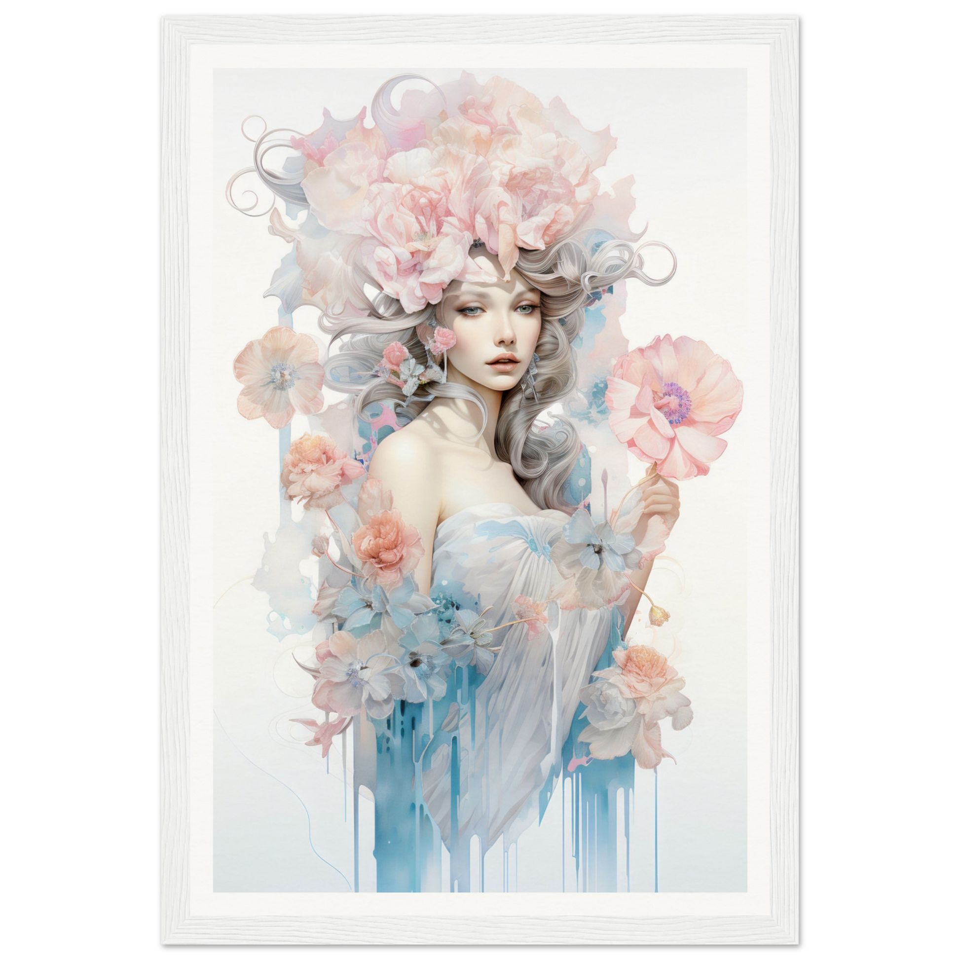 Ethereal watercolor-style portrait of a woman surrounded by delicate flowers and swirling pastel hues.