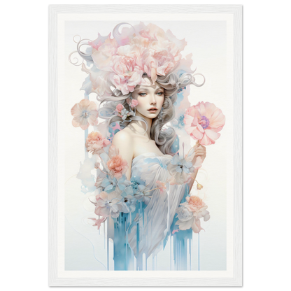 Ethereal watercolor-style portrait of a woman surrounded by delicate flowers and swirling pastel hues.