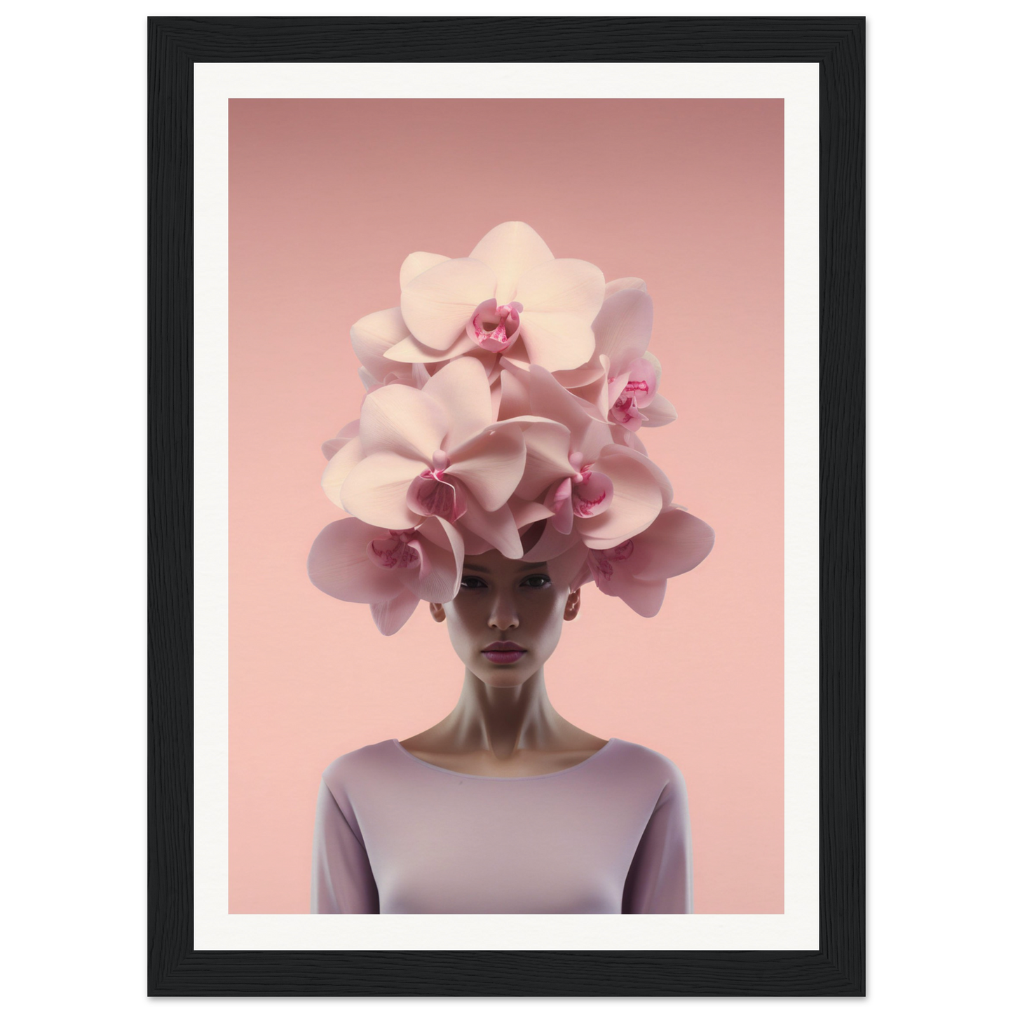 An image of a woman with the Pink On Pink Orchid Flower Head The Oracle Windows™ Collection on her head, perfect for a fashion wall art poster for my wall.