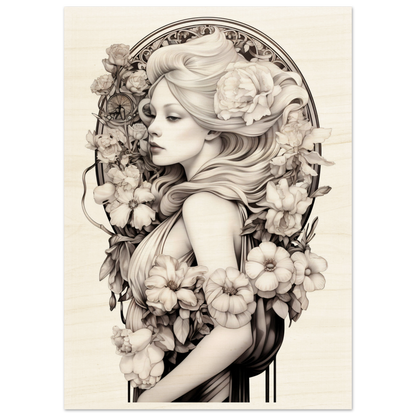 Detailed pencil or charcoal drawing of a young woman surrounded by flowers in an Art Nouveau style.