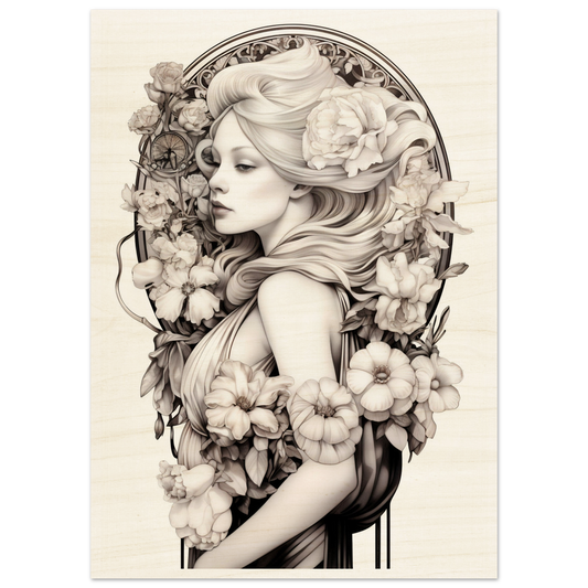 Detailed pencil or charcoal drawing of a young woman surrounded by flowers in an Art Nouveau style.