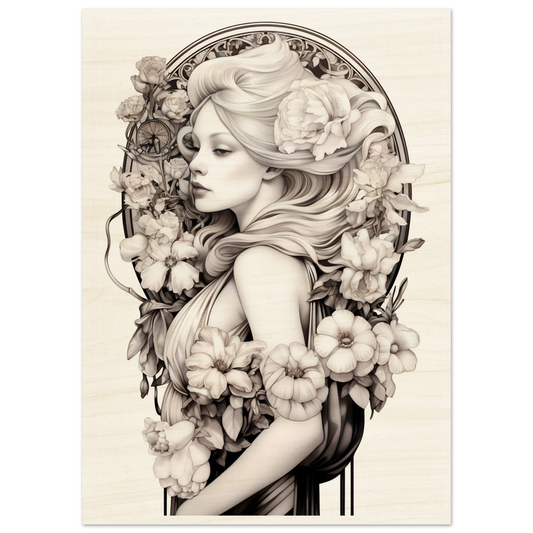 A poster of a woman with Art Deco Flower Head Monochrome B - Wood Prints to transform your space.