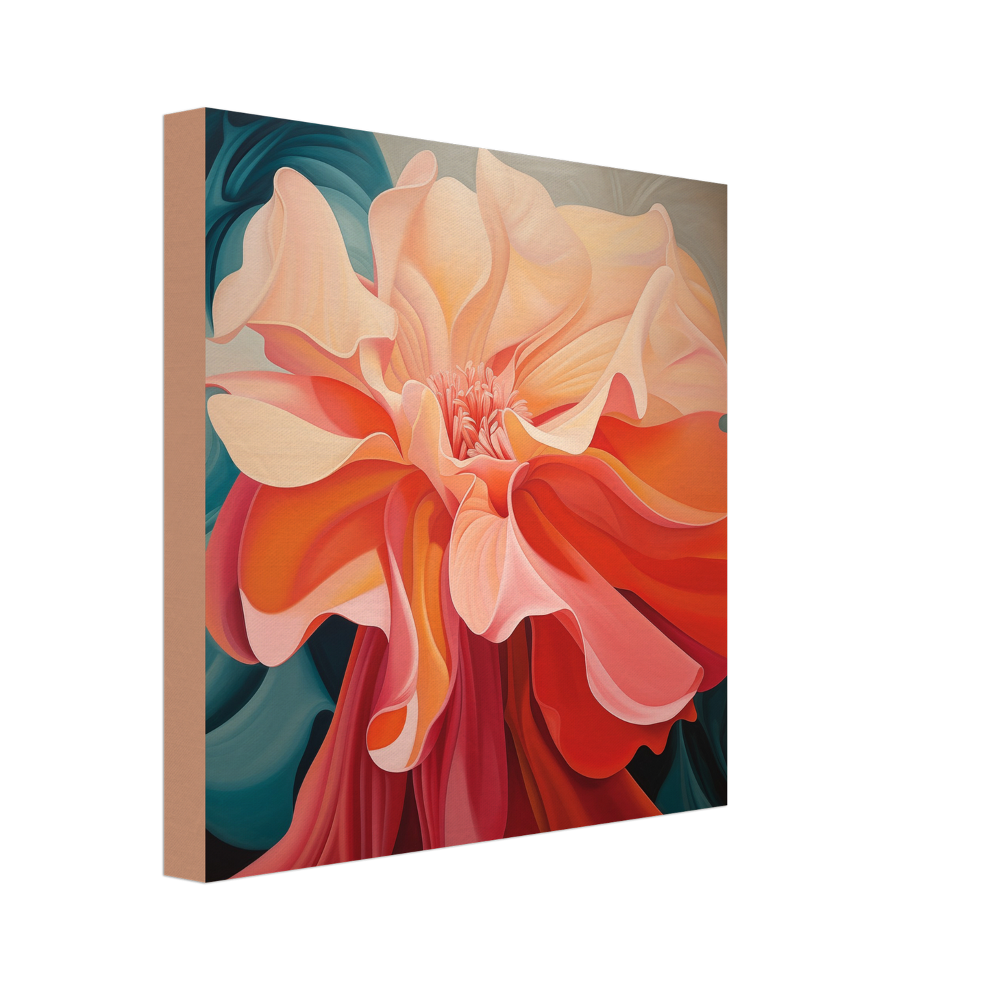 An abstract painting of The Wild In The Flower Inspired By Georgia O'Keefe - Canvas Print on a wooden frame, where the image quality and color remain unaffected.