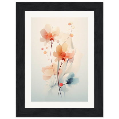 Framed watercolor painting of delicate orange and pink flowers with soft stems and leaves.