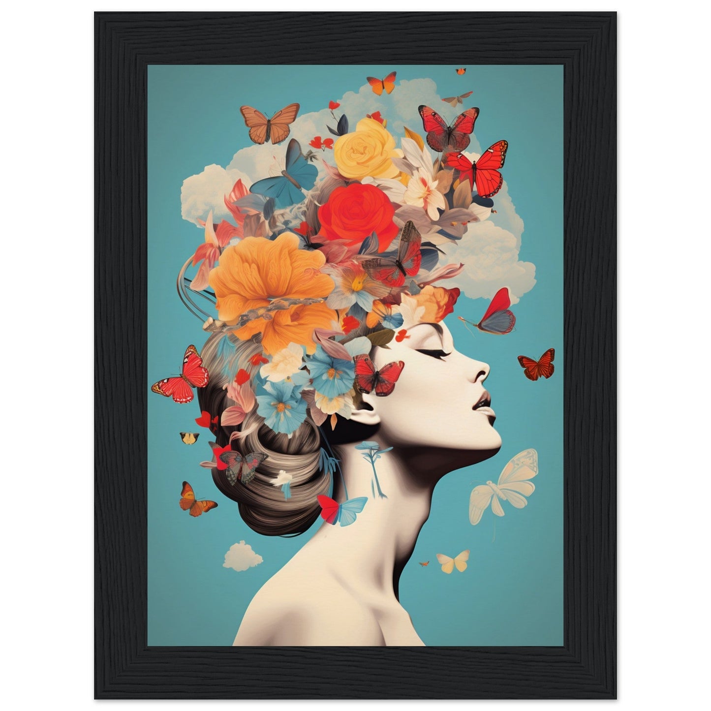 Artistic portrait featuring a profile view with vibrant flowers, butterflies, and clouds forming an elaborate headdress.