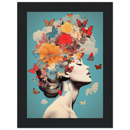 Artistic portrait featuring a profile view with vibrant flowers, butterflies, and clouds forming an elaborate headdress.