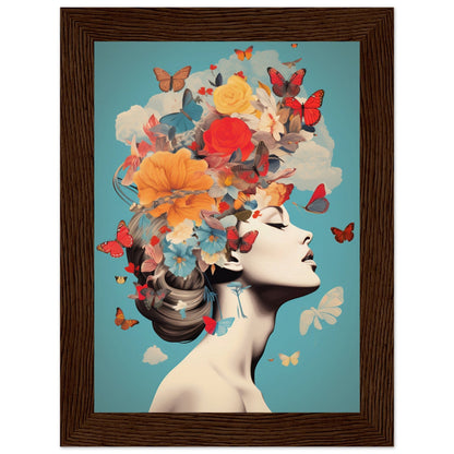 Artistic portrait featuring a profile view with vibrant flowers and butterflies emerging from the head.