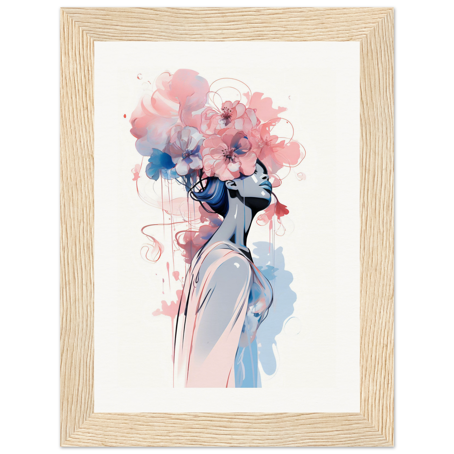 Watercolor-style painting of a figure with a floral headdress in pink and blue tones.