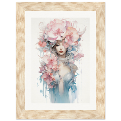 Framed watercolor painting of a figure adorned with floral elements.