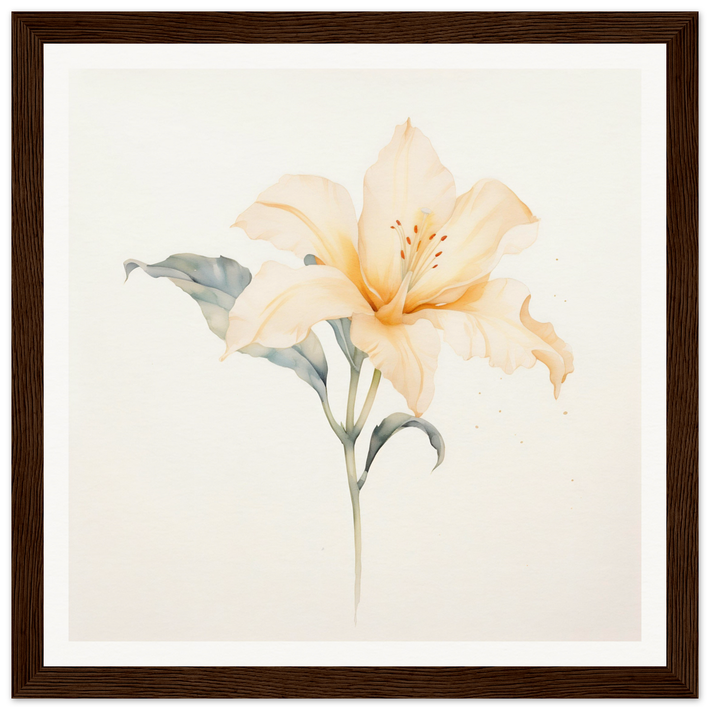 Delicate watercolor painting of a pale peach lily flower with soft green leaves.